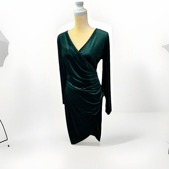 Emerald Velvet Dress Large Cocktail Holiday Elegant Elevated Old Money Stretch - Picture 3 of 16